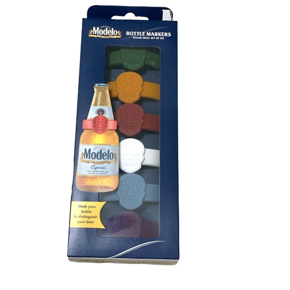 6 Pack Set Modelo Sugar Skull Bottle Markers Bottleneck Drink Tags Glass Markers - Picture 2 of 14